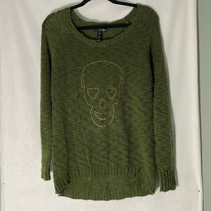 Aqua lightweight sweater with gold studded skull head, Size Medium